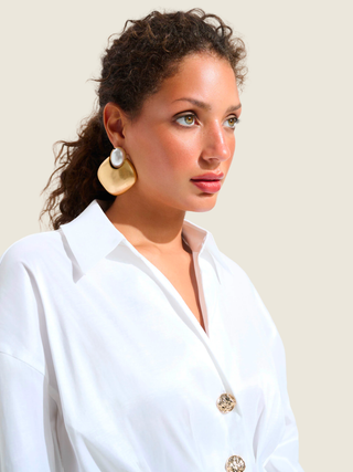 Signature | Stretch Taffeta Fit And Flare Blouse With Chain Link Button Cuffs