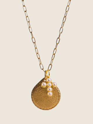 Lord's Prayer Medallion Chain w/ Pearl Cross