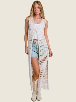 Chrochet Knit Sleeveless Single Button Cardigan