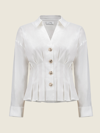 Signature | Stretch Taffeta Fit And Flare Blouse With Chain Link Button Cuffs