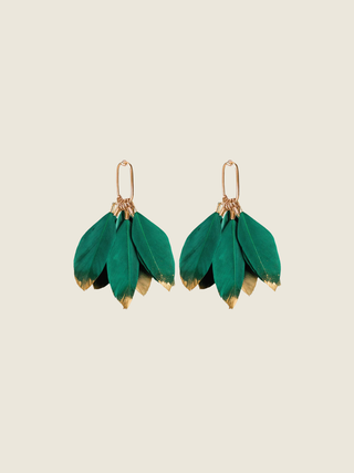 Emerald Gold Dipped Fall Feather Tassel Statement Earrings