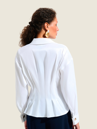Signature | Stretch Taffeta Fit And Flare Blouse With Chain Link Button Cuffs