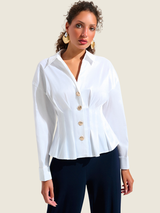 Signature | Stretch Taffeta Fit And Flare Blouse With Chain Link Button Cuffs