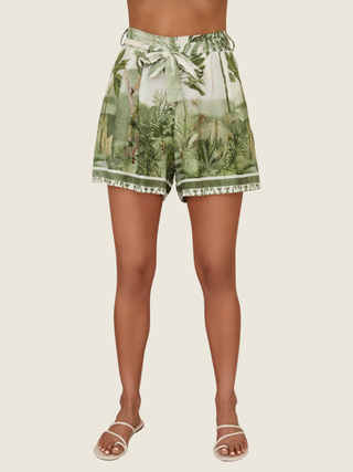 Tropical Palm Tree Shorts w/ Pockets + Tie Belt